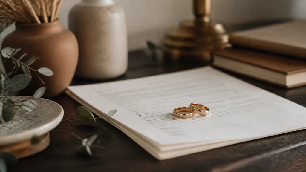 Two wedding rings on a legal document — filing for divorce first in Virginia