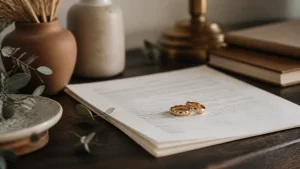 Two wedding rings on a legal document — filing for divorce first in Virginia