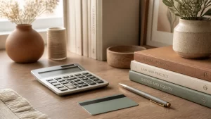 Credit card and calculator on a desk — protecting credit score during Virginia divorce