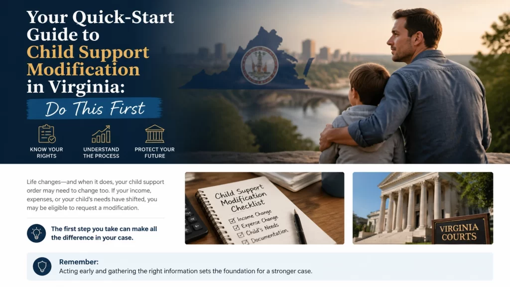 Child support modification Virginia — attorney reviewing income documents at desk
