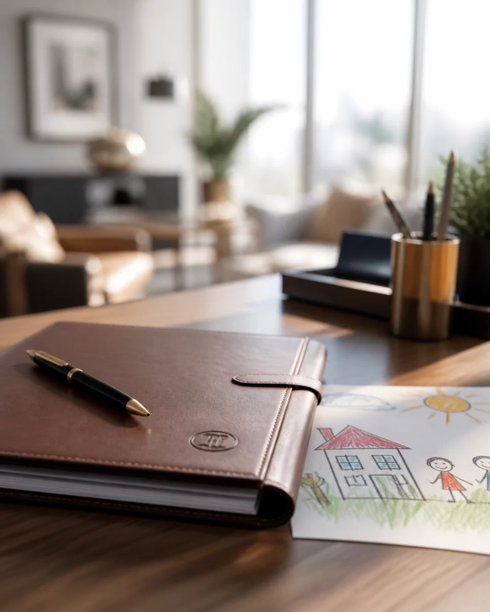 A professional office setting with a leather folder and pen on a sunlit table representing the legal process