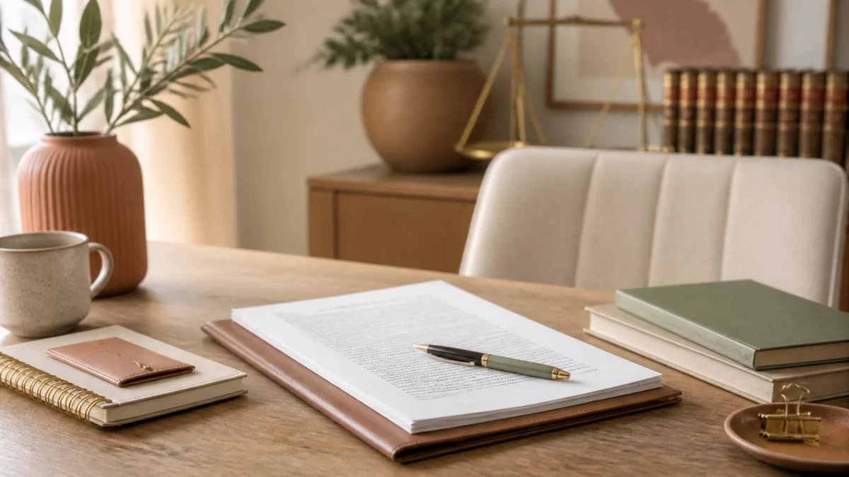 A professional Boho Chic legal desk setting with neutral legal documents in terracotta, sage, and cream tones