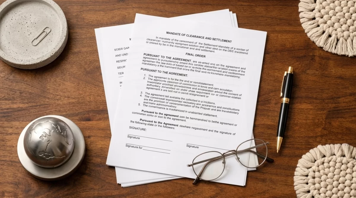 Organized legal documents and spectacles on a clean desk, symbolizing clarity in the divorce process.