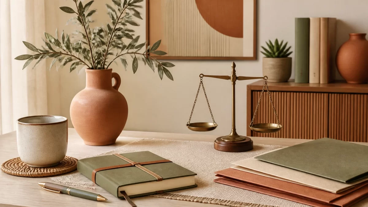 Boho Chic quiet office setting with document folders, scales of justice, and neutral terracotta, sage, and cream decor
