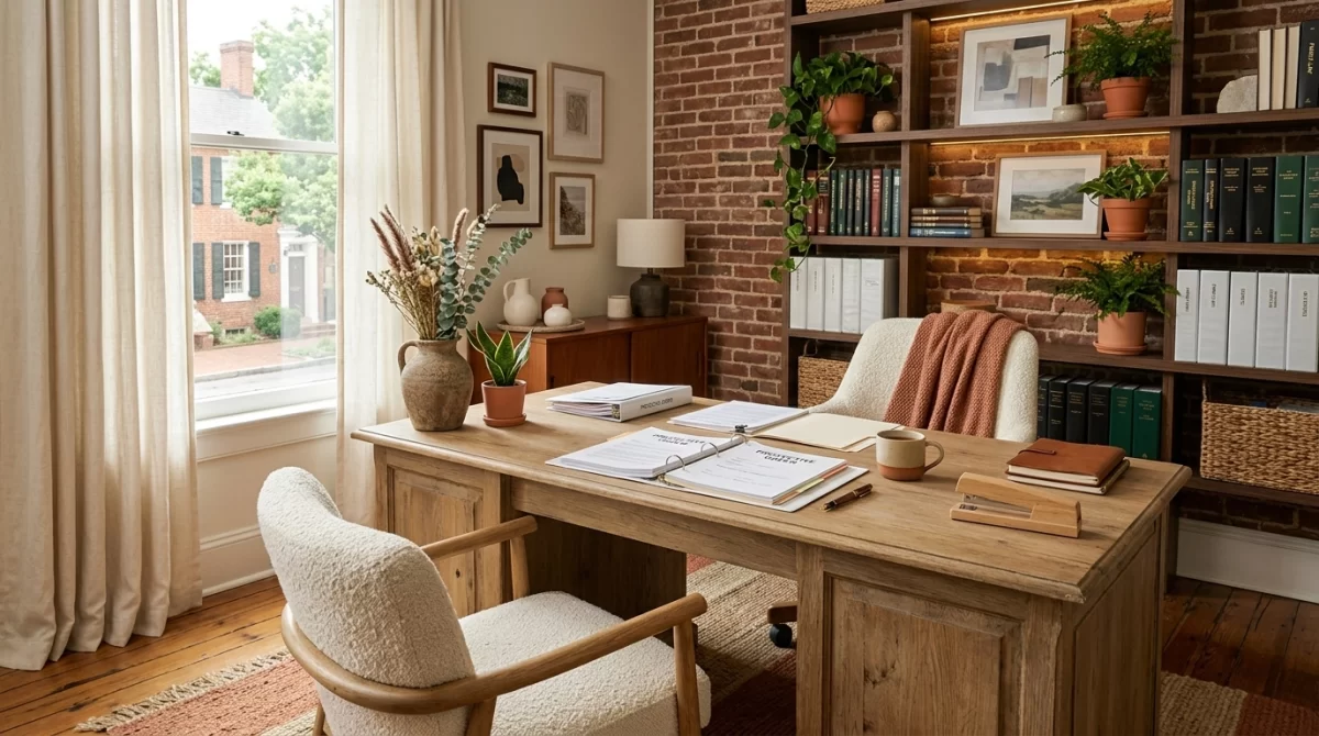 A quiet home office with a desk, chair, and bookshelf by a window