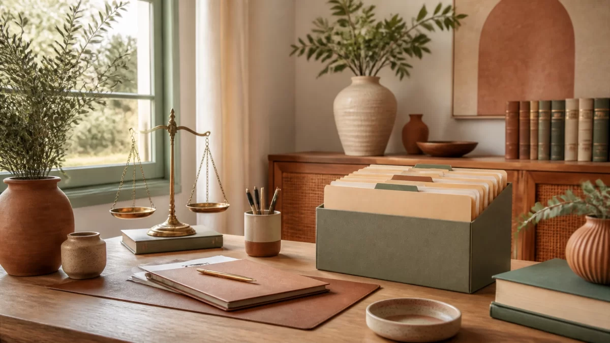 Boho Chic legal still life with scales of justice, organized case folders, and a quiet office atmosphere