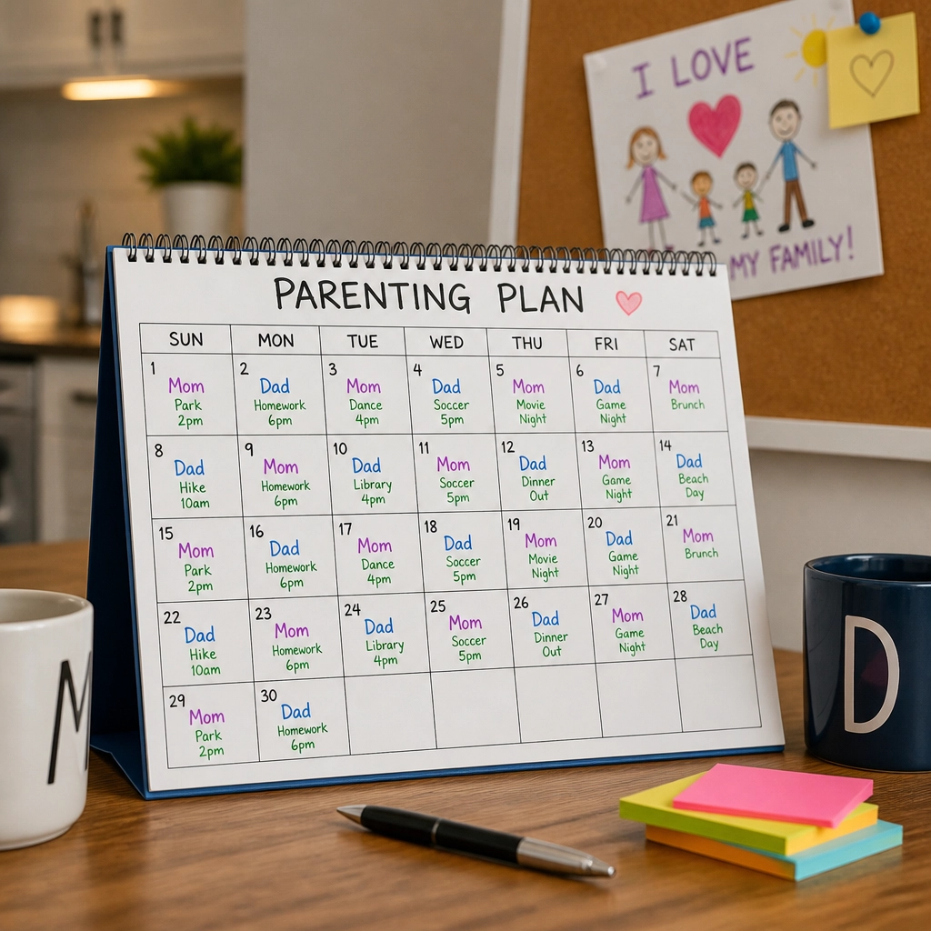 A colorful calendar on a kitchen table showing an organized parenting schedule.