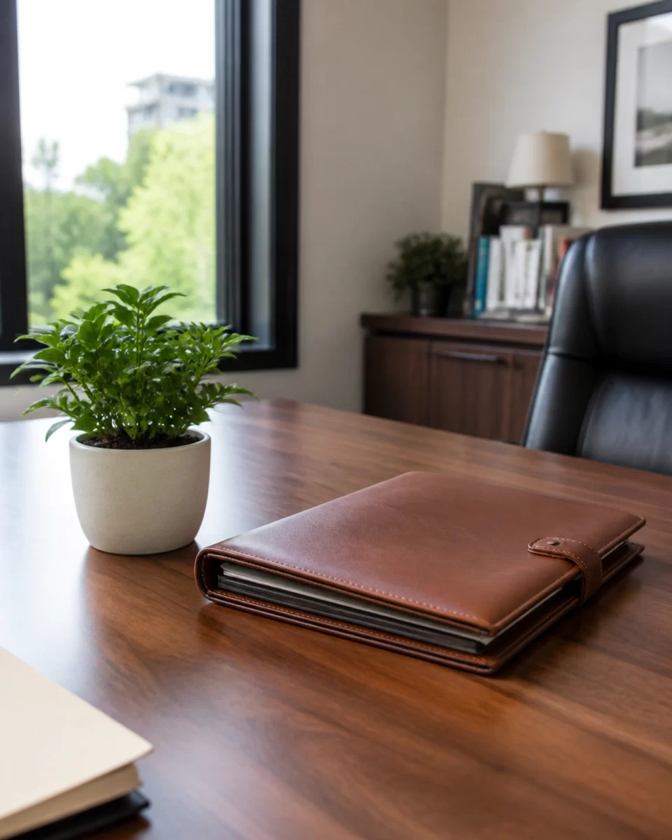 A professional office desk with a leather-bound folder and a small potted plant. Natural light from a window, clean and organized workspace, soft organic textures. Photorealistic.
