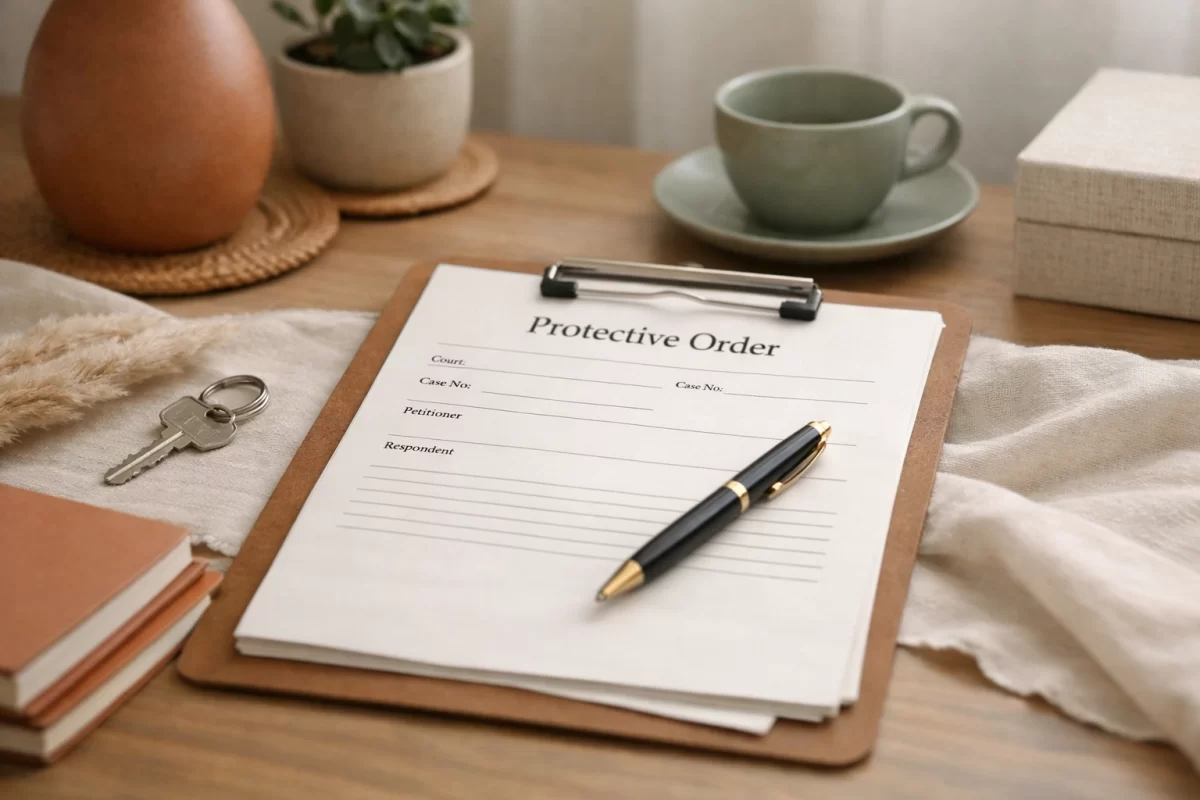 Protective order paperwork, house key, and pen on a calm cream desk in a Virginia protective order article hero image.