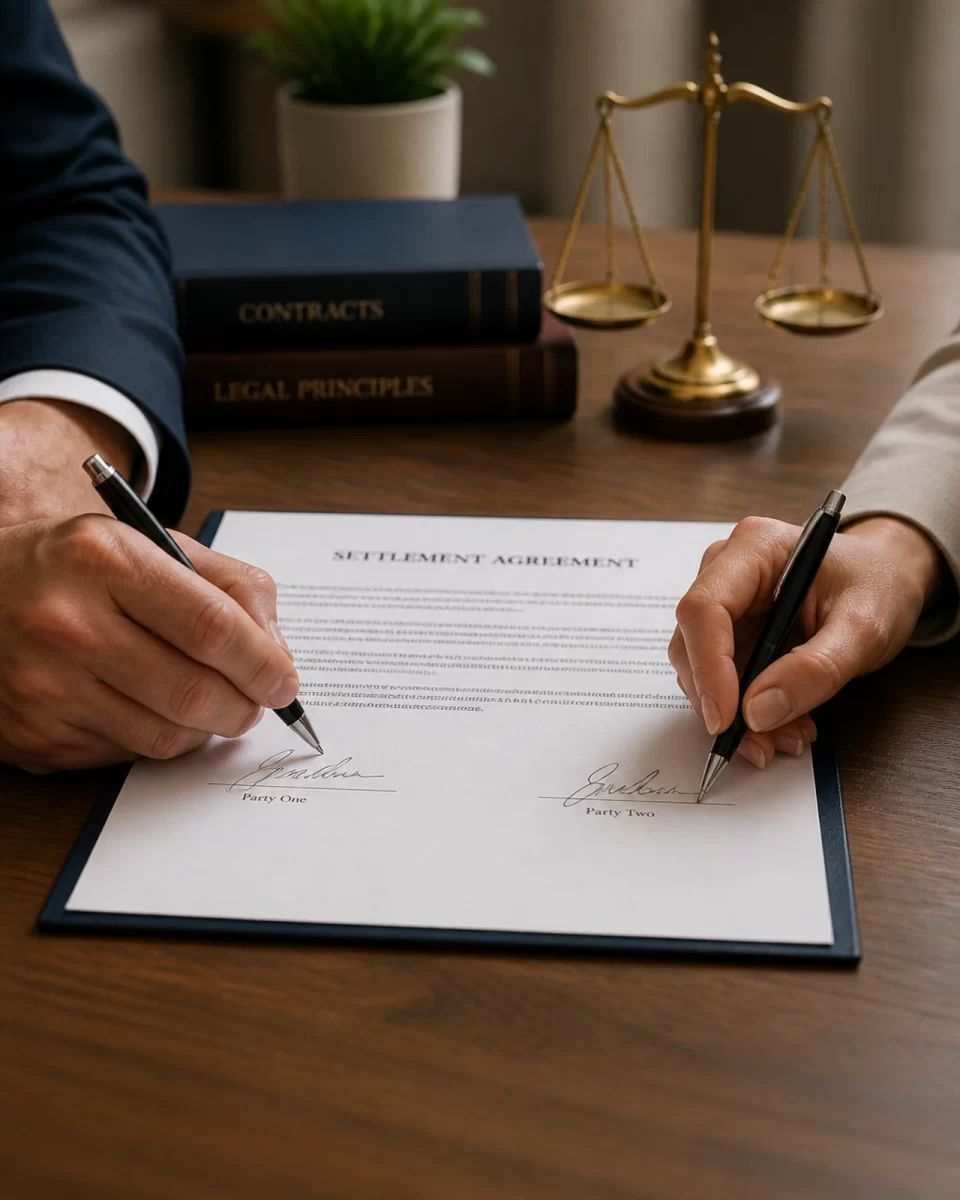 Two hands signing a legal document on a wooden table.