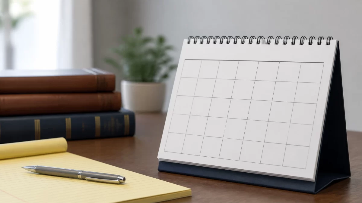 Desk calendar and pen in a professional office