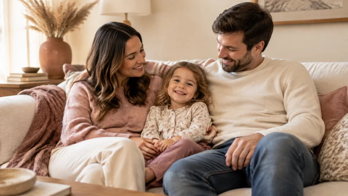 Parents and their child sitting together on a cream sofa in a warm living room, relaxed and comfortable as a family.
