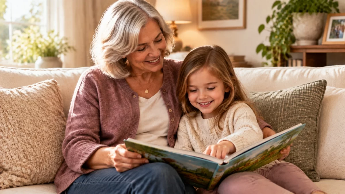 A grandmother reading a picture book with her grandchild on a cream sofa at home.