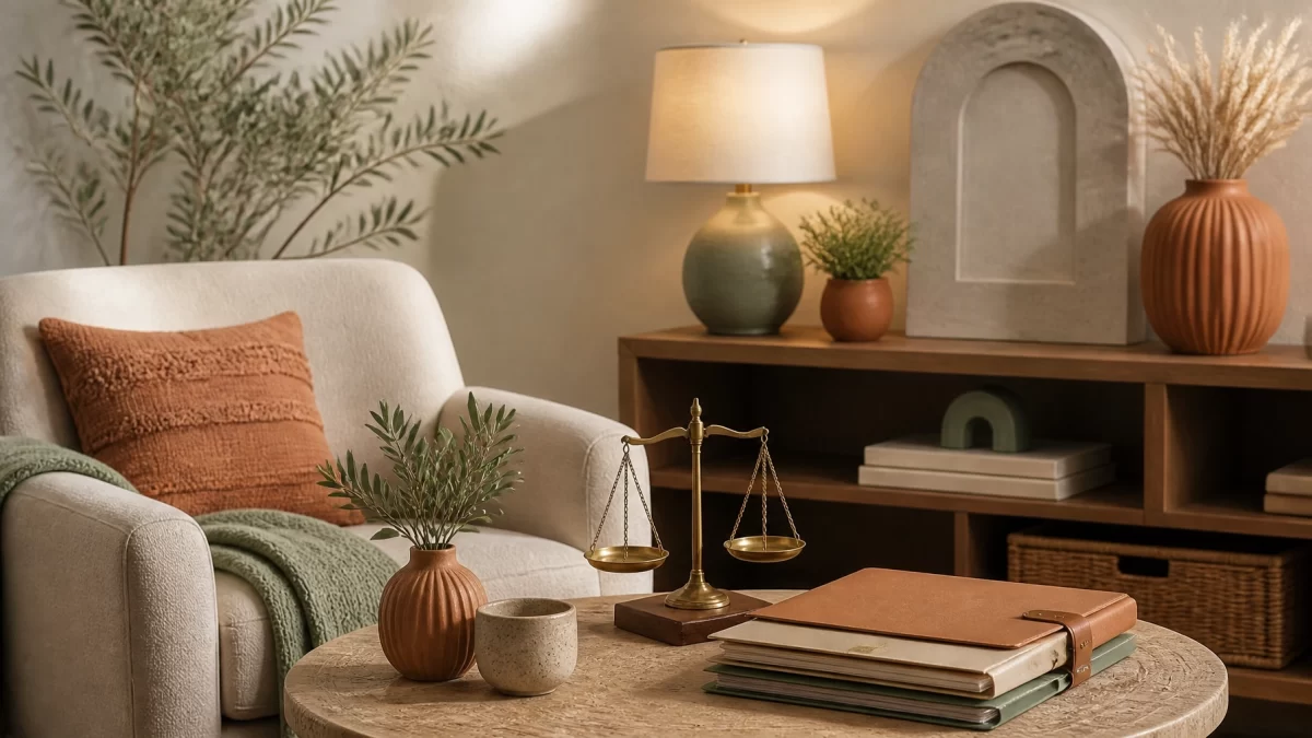 Boho chic consultation room still life with terracotta, sage, and cream legal decor, scales of justice, and document folders.