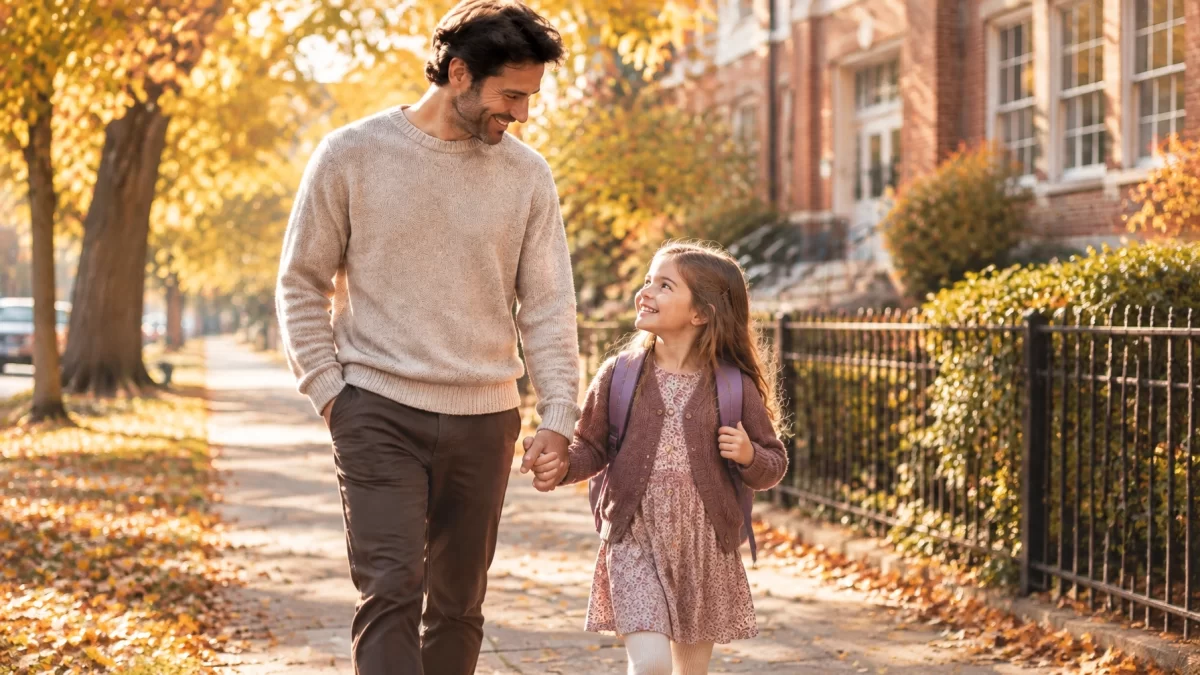 A father walking a young child with a backpack to school in warm autumn light.