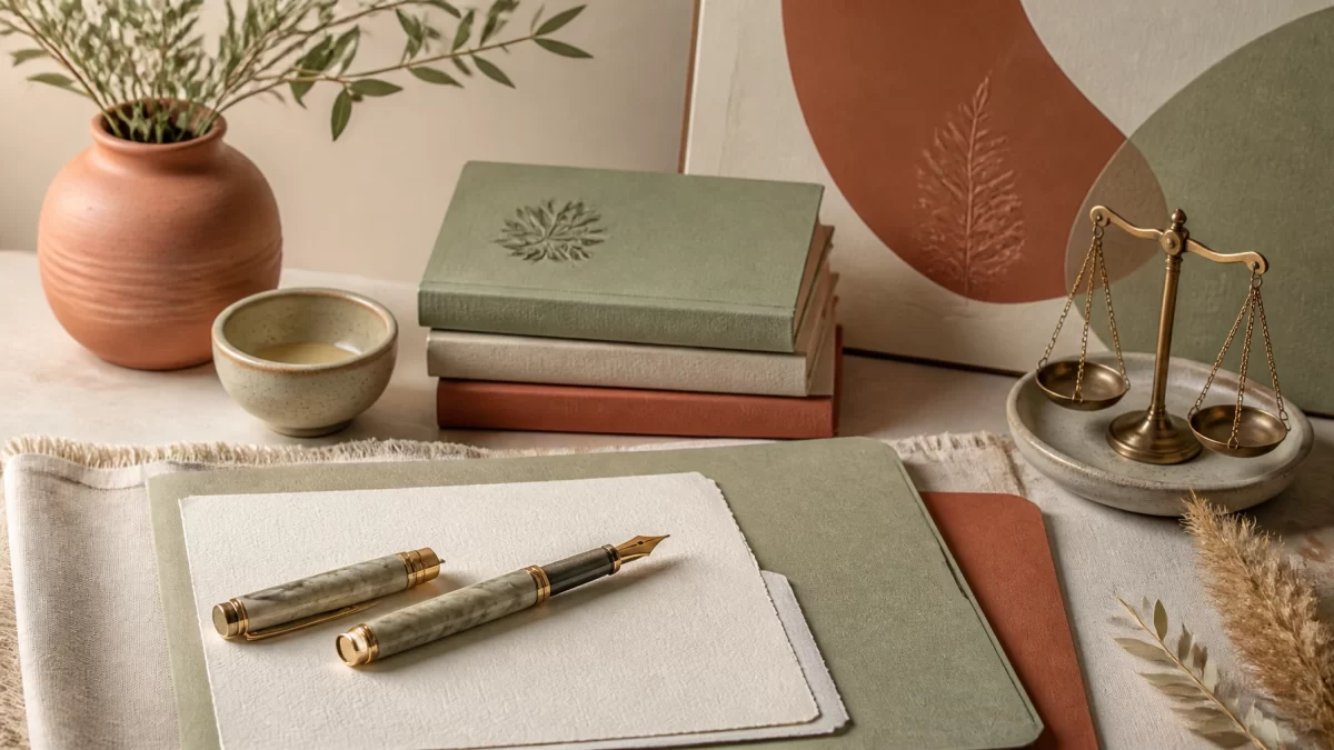 Boho chic legal still life with fountain pen, document folders, and textured paper in cream sage and terracotta