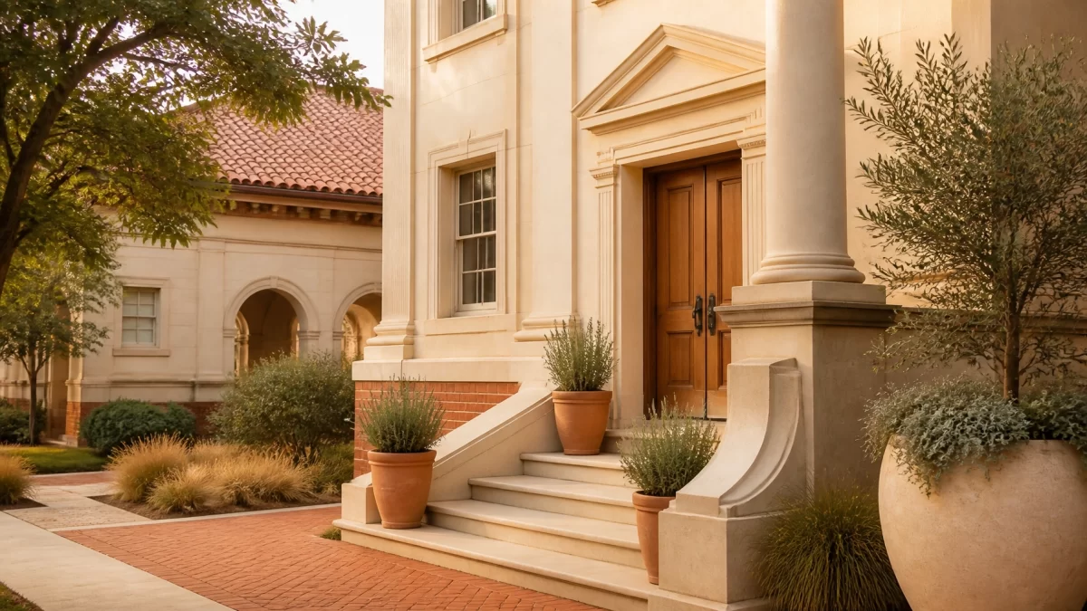 Architectural exterior detail of the Spotsylvania courthouse complex styled in neutral terracotta, sage, and cream tones with no people or branding.