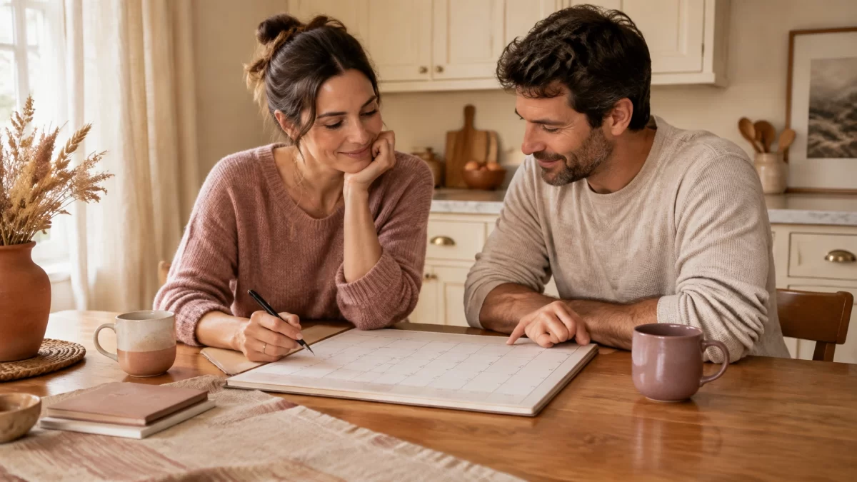 Two parents reviewing a large wall calendar together at a warm kitchen table in soft morning light.