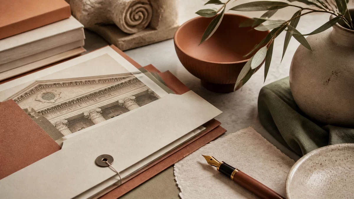 Neutral legal still life with courthouse-inspired architectural details, pen, and file folder in boho tones