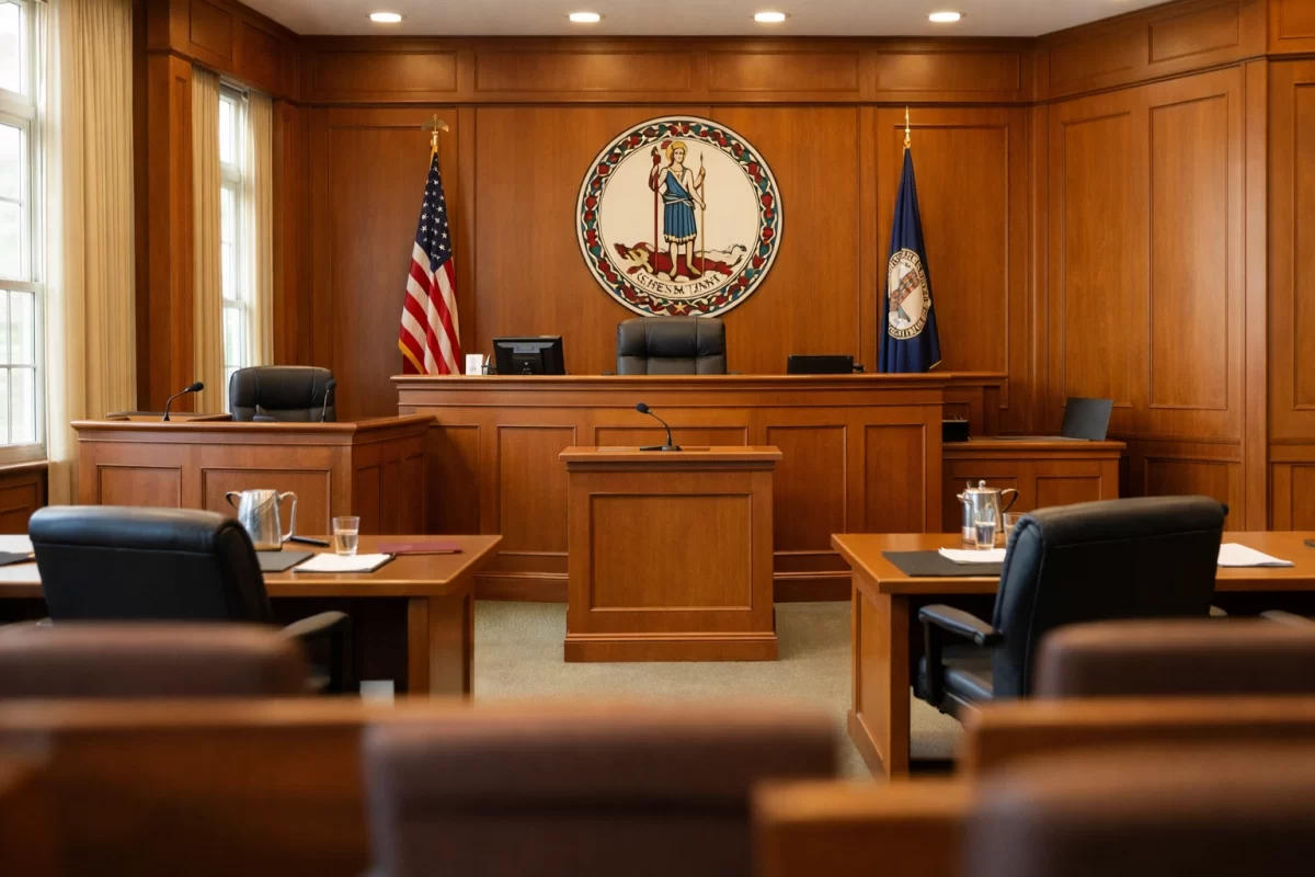 Virginia courtroom interior where divorce and custody cases are heard in Fredericksburg