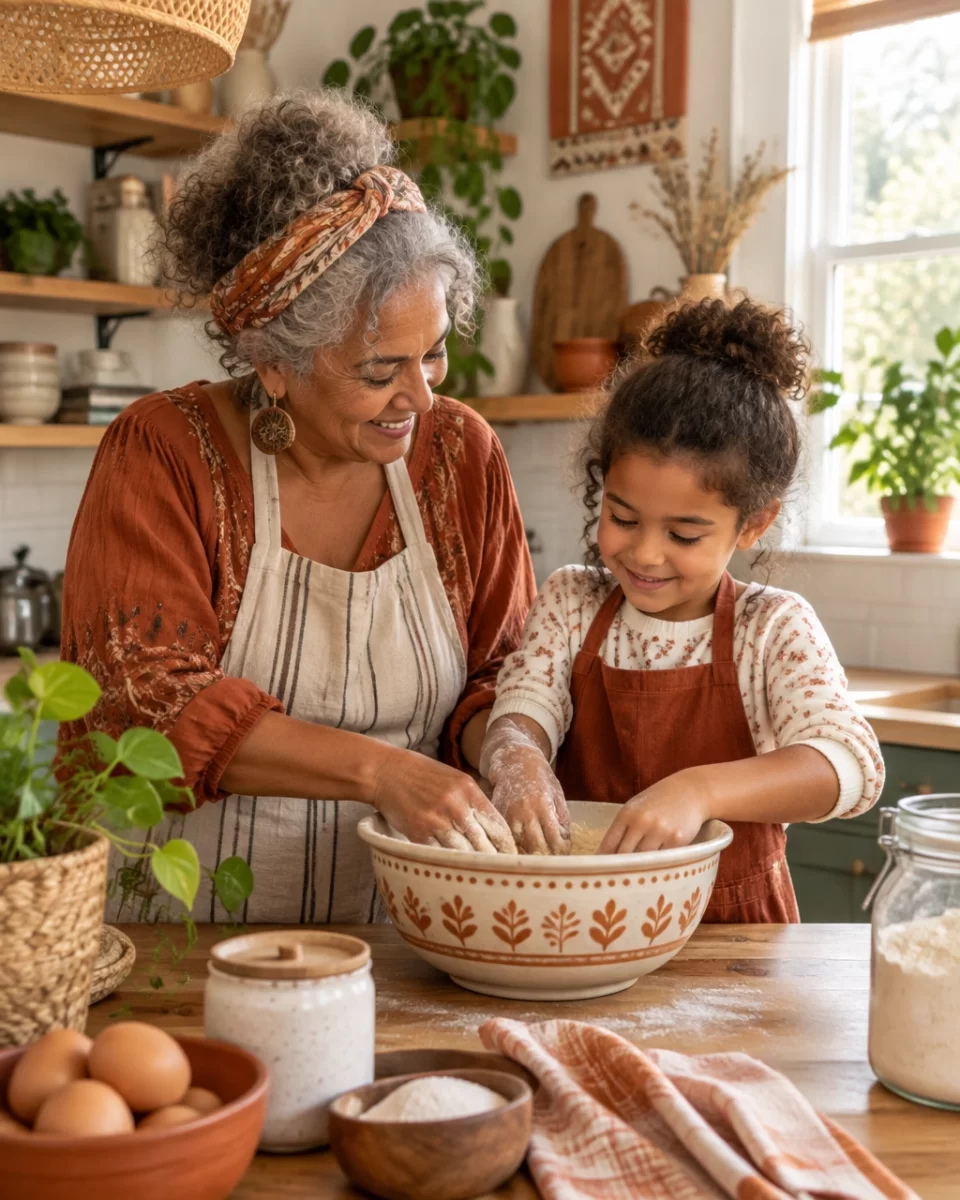Grandparent and child baking together in a warm home kitchen