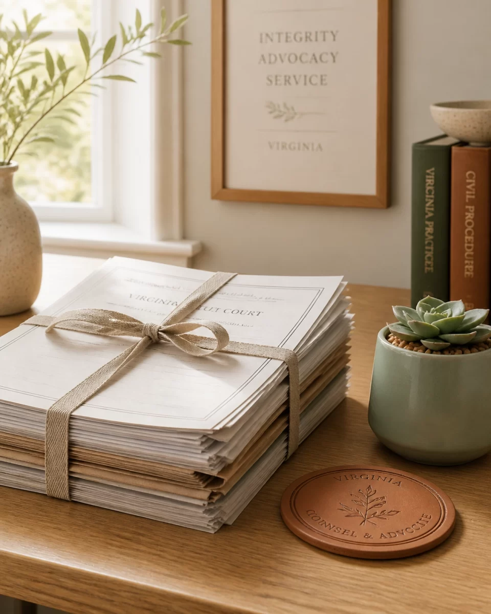 A serene, boho chic interior detail of a legal office in Virginia featuring tied legal documents and a sage-colored succulent.