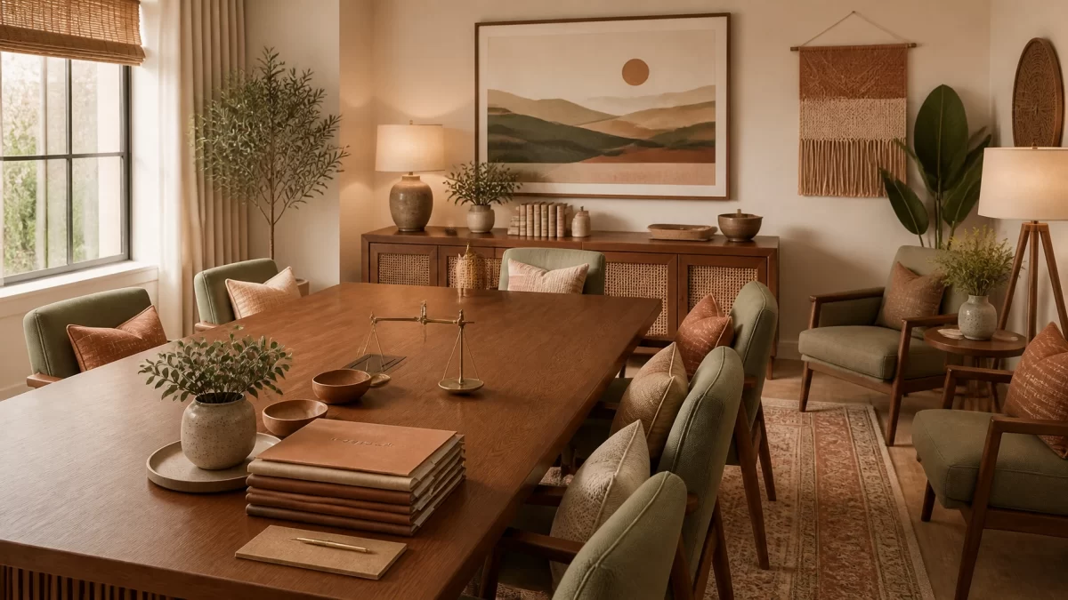 Empty legal meeting room in Boho Chic terracotta, sage, and cream tones with no branding
