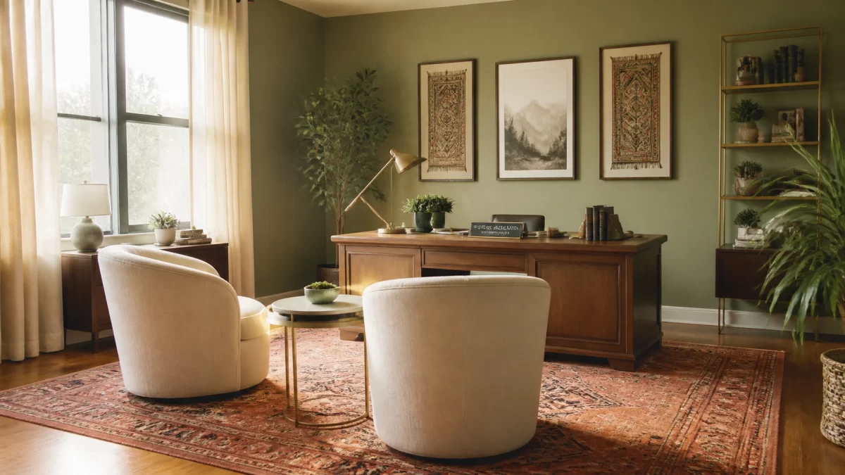 A calm and comfortable law firm consultation room with sage and terracotta tones