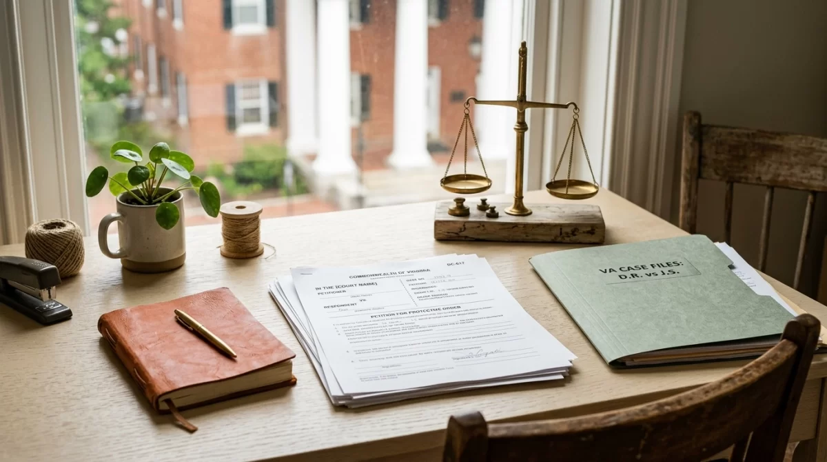 Scales of justice, legal documents, and a journal on a desk by a window