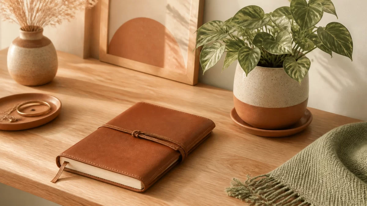 A leather notebook and a small potted plant on a clean, earthy-toned desk.