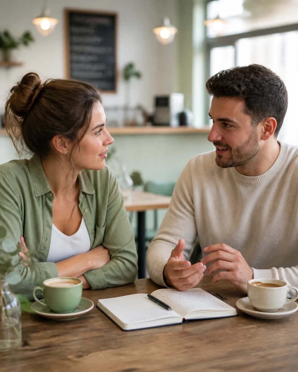 A young couple sitting at a wooden table in a brightly lit cafe, talking calmly over coffee with a notebook open. Soft focus background, warm and inviting atmosphere, sage and cream color palette. Photorealistic.
