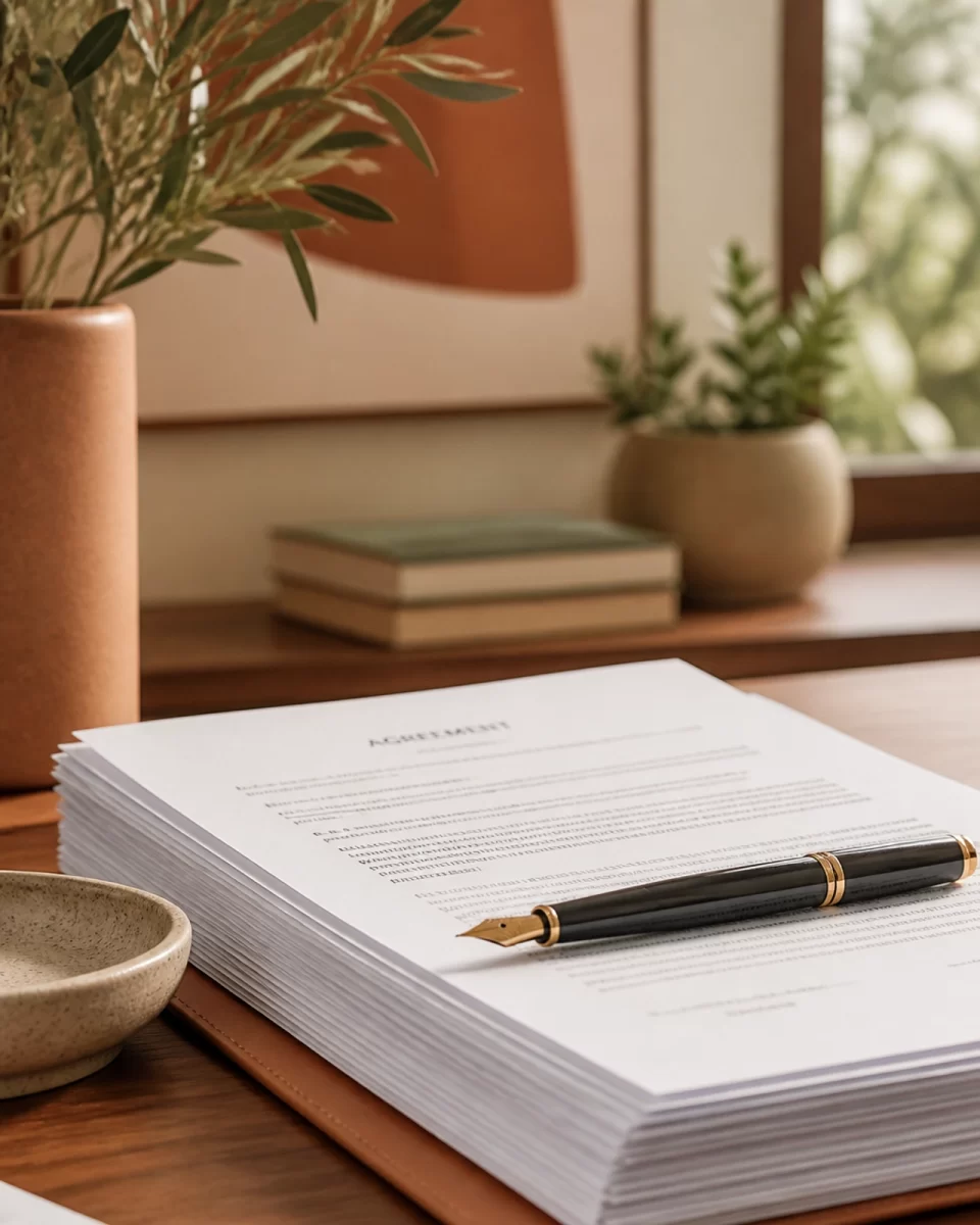 A professional close-up of a high-end fountain pen on legal documents in a boho chic office setting.