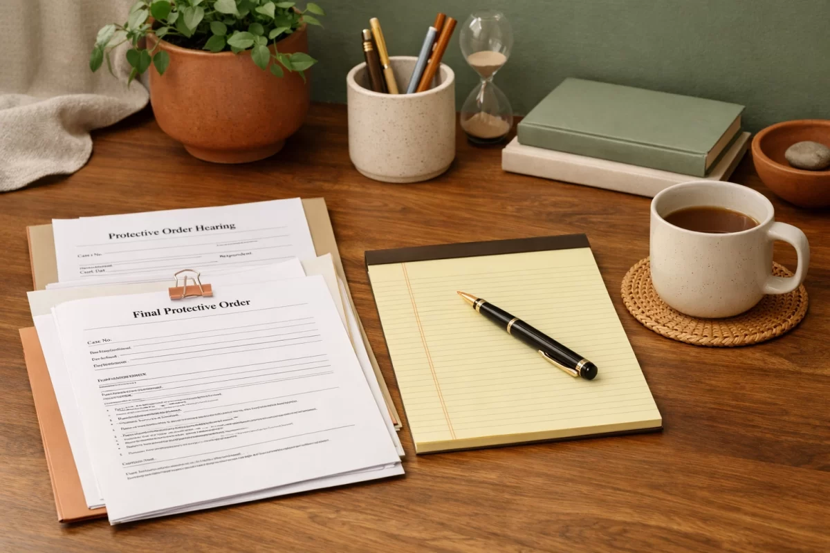 Final protective order hearing documents, legal pad, and pen in a warm Virginia family law workspace.
