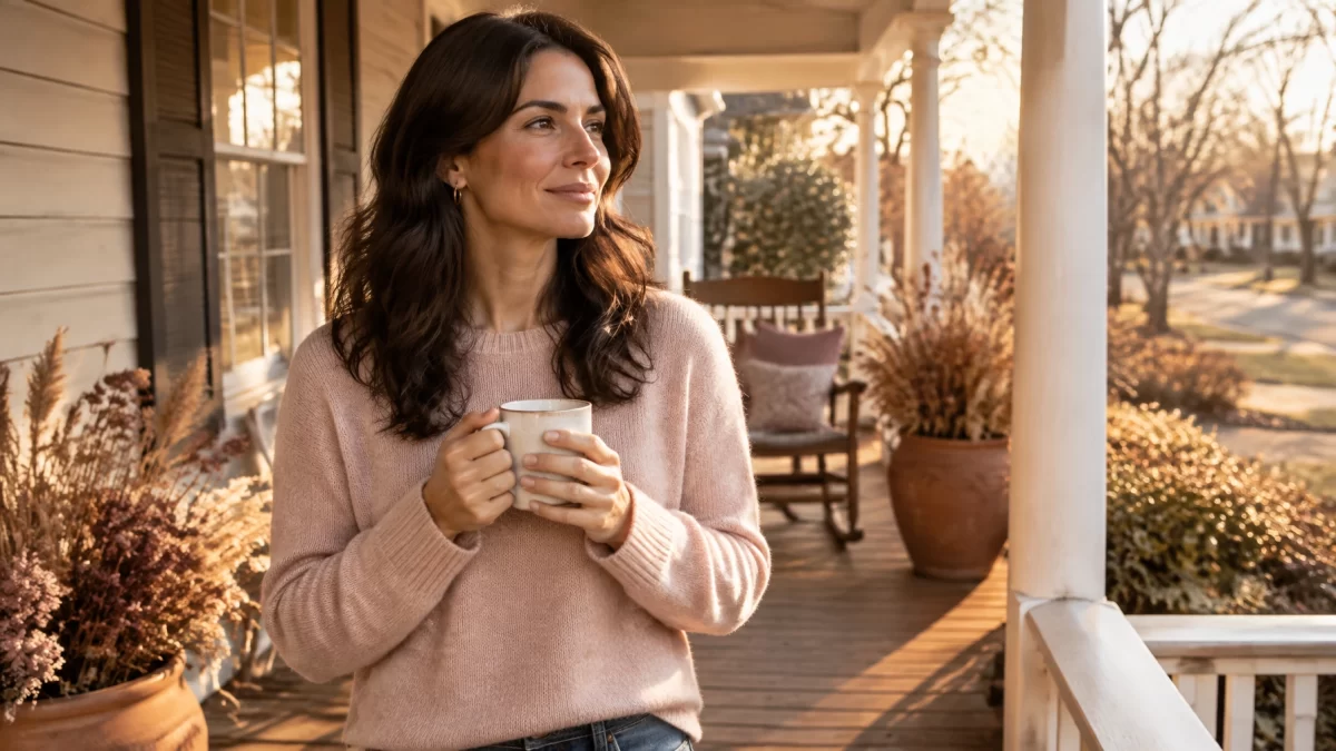 A woman standing on the front porch of a Virginia home holding a mug and looking ahead with a calm, hopeful expression.