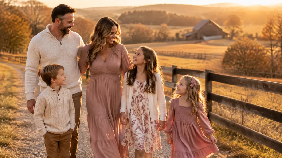 Blended family walking together along a Virginia countryside path at golden hour.