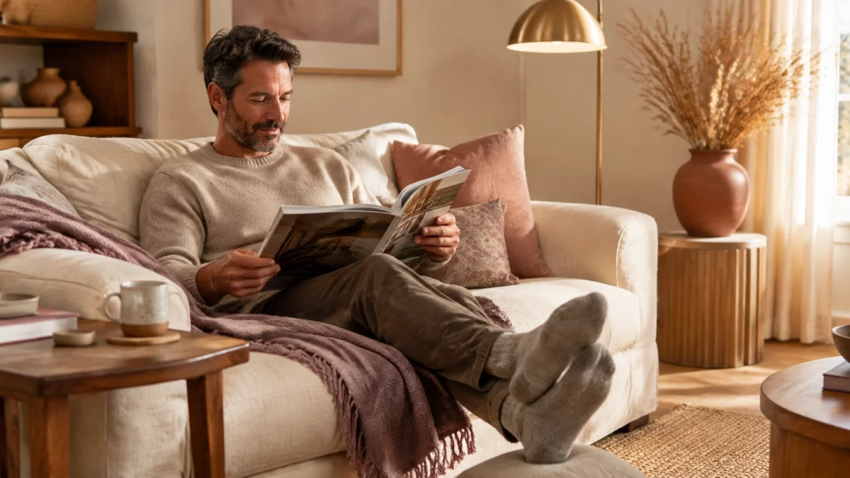 A man relaxing at home on a cream sofa reading a magazine, an everyday personal moment.