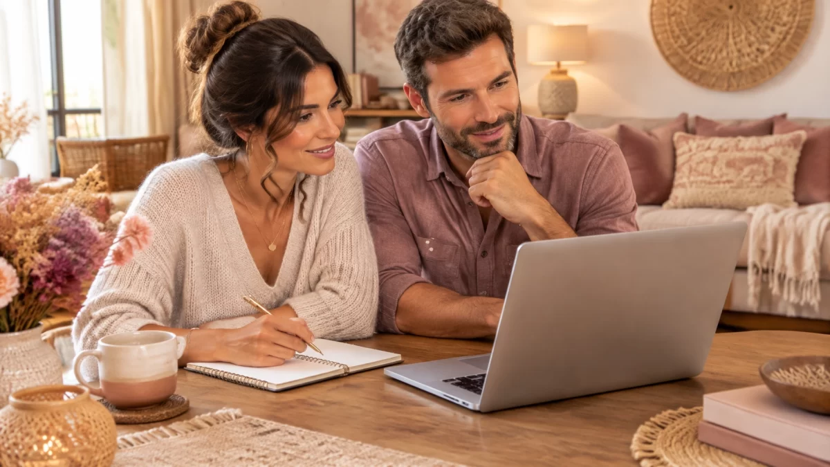 Two people reviewing information together at a table with a laptop and notebook in a calm home setting