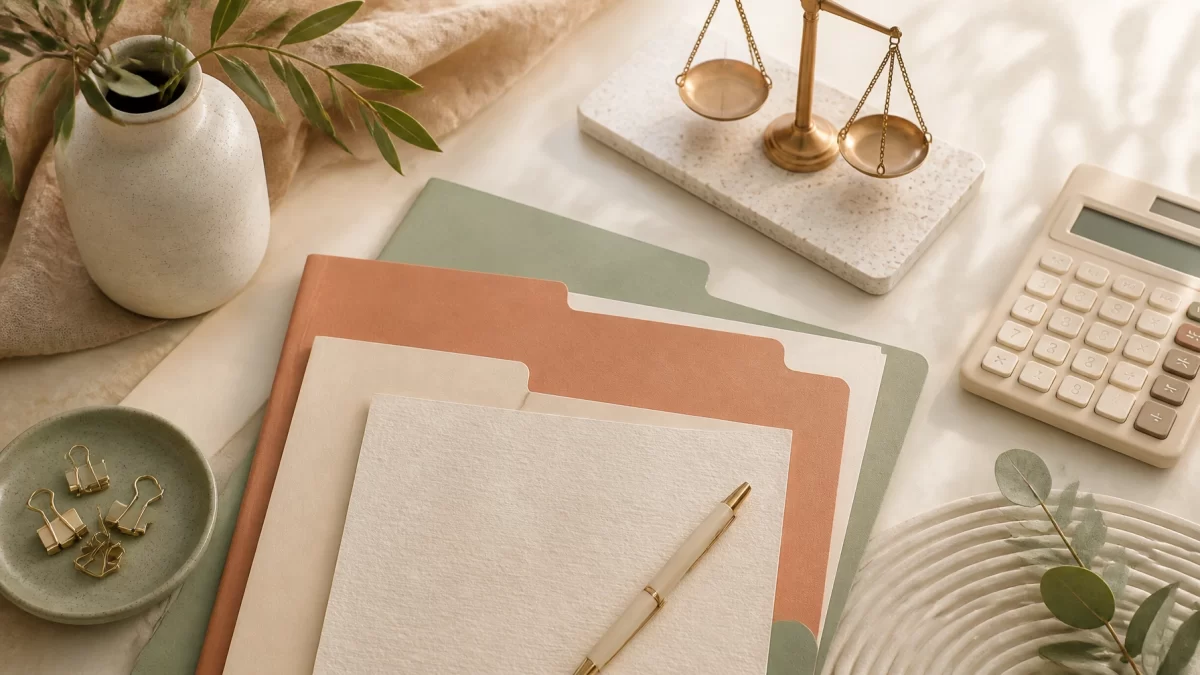 Boho Chic abstract office scene with terracotta and sage file folders, calculator, and paper textures