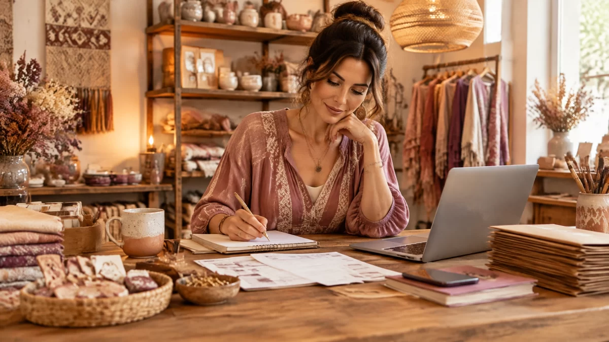 Small business owner working calmly at a warm-lit workbench in an organized shop