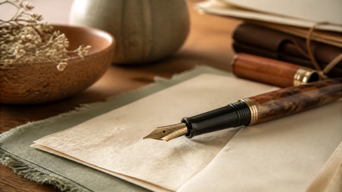 A close-up of a high-quality fountain pen on a wooden desk with organic legal papers in warm earthy tones.