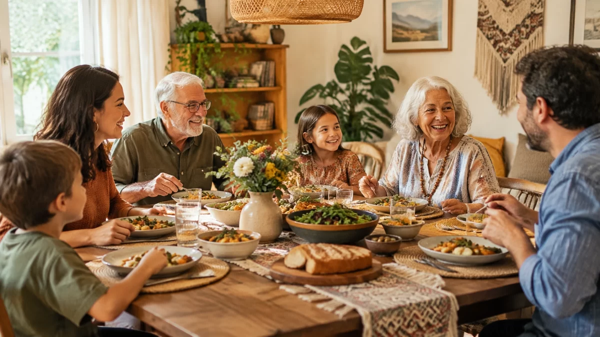Calm multigenerational family dinner together in warm natural light