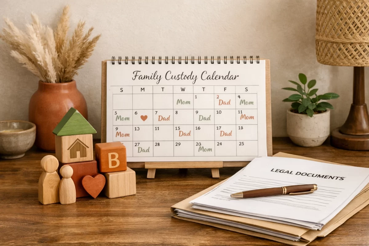 Children's blocks, a family calendar, and legal papers arranged to reflect Virginia custody factors and family safety.