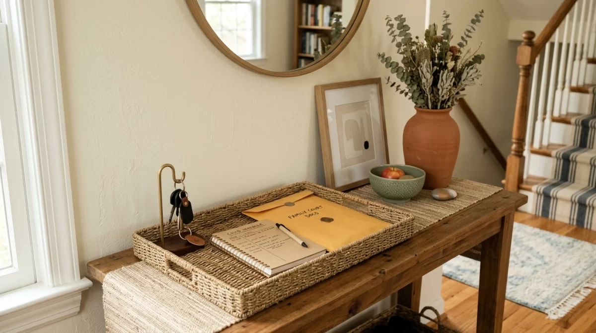A home entryway table with keys, a vase, and a mirror