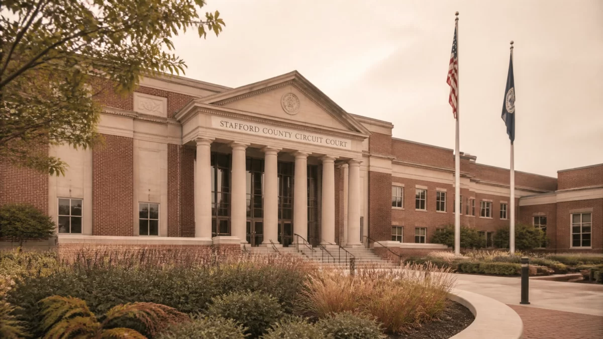 The exterior of the Stafford County Circuit Court in Virginia rendered in a boho chic style with warm terracotta and sage accents.