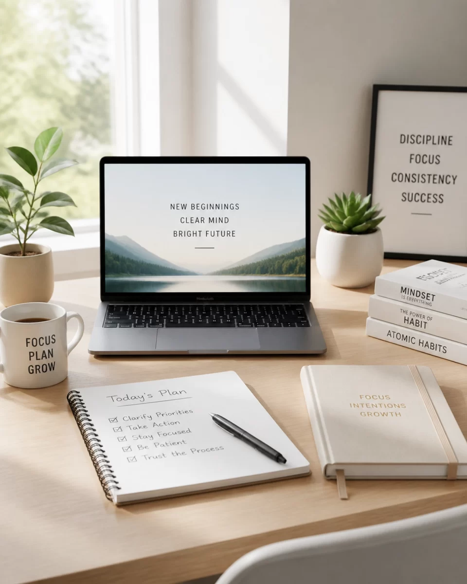 A modern, organized workspace with a laptop, a notebook, and a small plant.