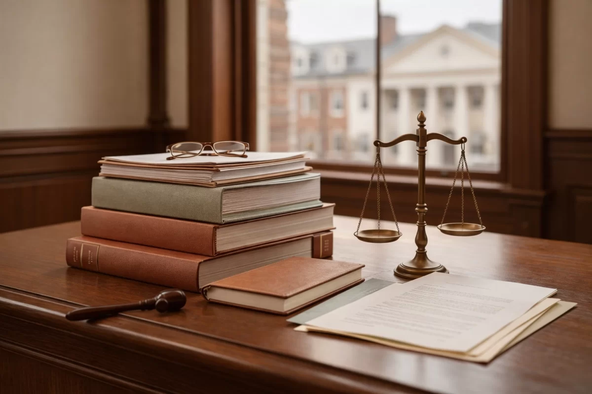 Domestic violence evidence for divorce and custody in Virginia shown through organized legal papers and a notebook in terracotta, sage, and cream tones.