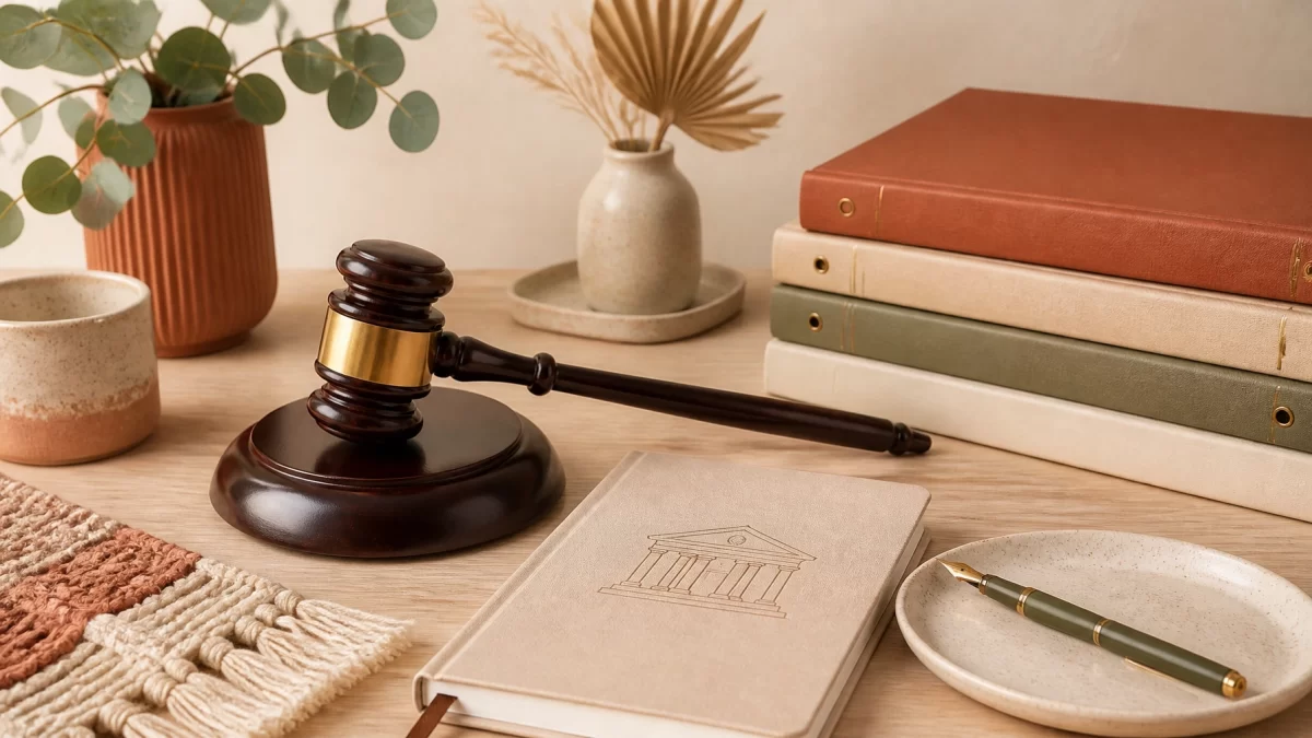 Neutral legal still life with gavel, folders, and desk accessories in terracotta, sage, and cream