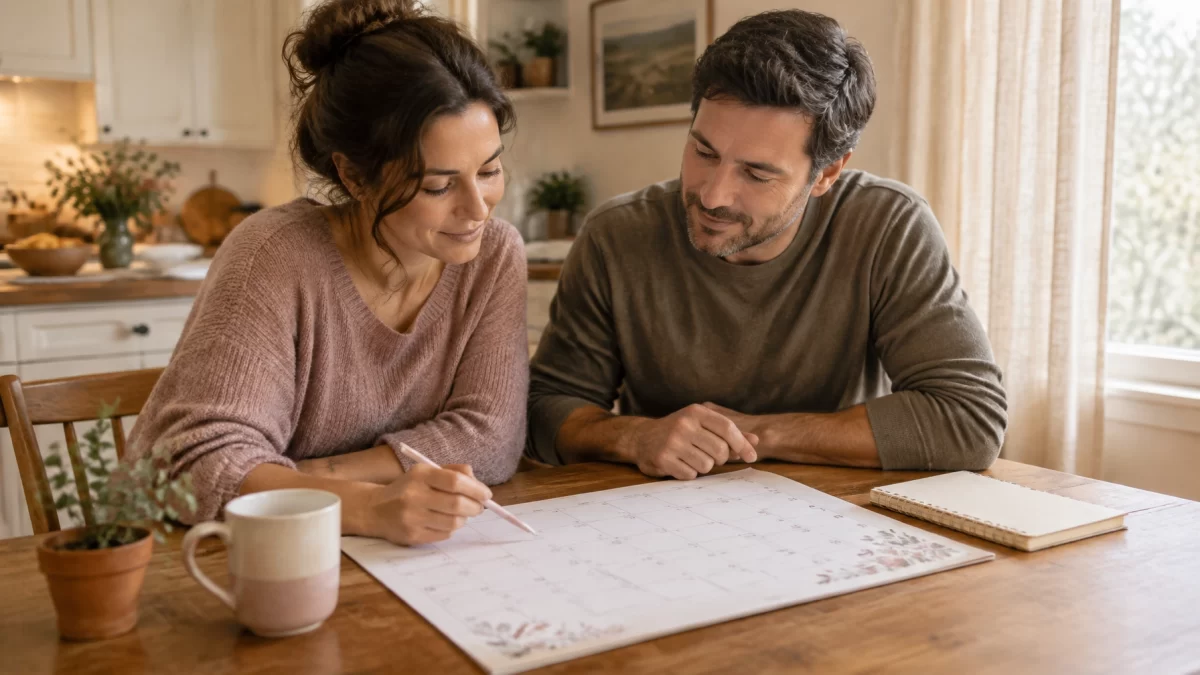 Two parents sitting at a wood kitchen table reviewing a paper calendar together in soft morning light.
