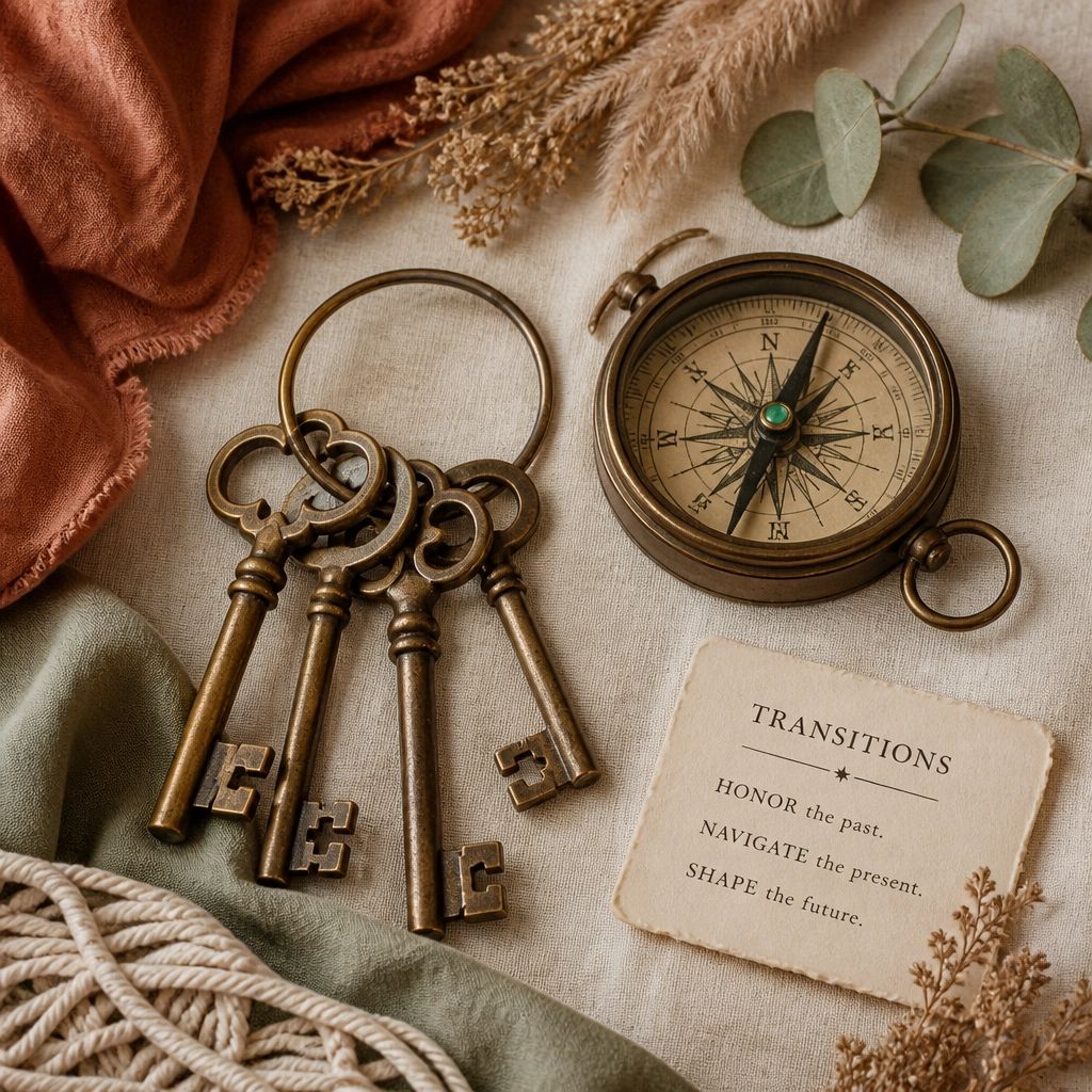 A set of brass keys and a compass on a linen surface representing military legal transitions in a boho chic style.