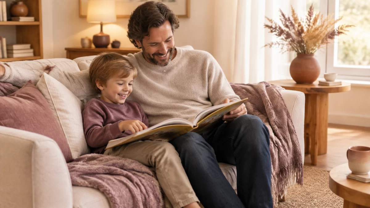 A parent and child reading a picture book together on a sofa at home in warm afternoon light.